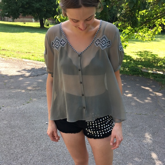 Urban Outfitters Tops - UO | Ecote sheer Grey Blouse w Geometric Patches
